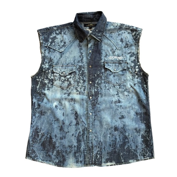 Ed Hardy Mens XXXL Acid Wash Denim Sleeveless Shirt Dead or Alive Skull Blue - Picture 2 of 11